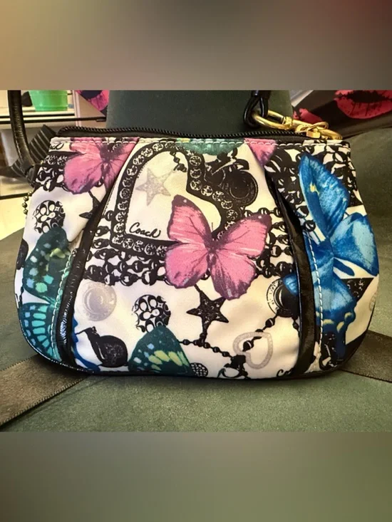 Coach Butterfly Print Wristlet in Pink, Blue, Black & White - Picture 4 of 5